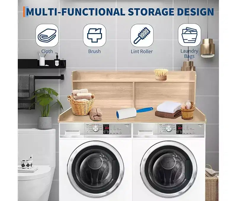1 étagère haute en MDF pour machine à laver, 3 niveaux avec rails de bord pour plan de travail de lave-linge séche-linge, pour plier les vêtements, rehausseur de lave-linge et séche-linge avec patin antidérapant