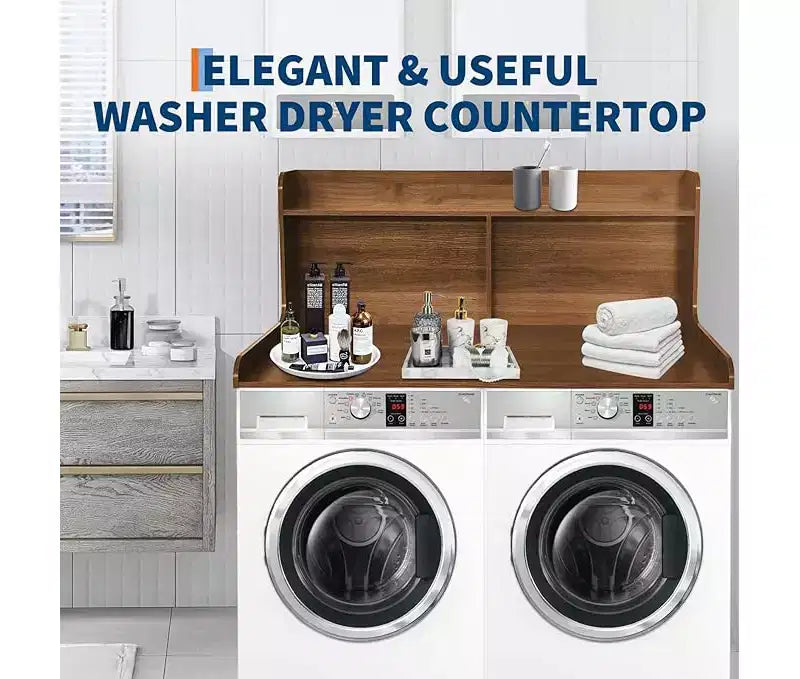 1 étagère haute en MDF pour machine à laver, 3 niveaux avec rails de bord pour plan de travail de lave-linge séche-linge, pour plier les vêtements, rehausseur de lave-linge et séche-linge avec patin antidérapant