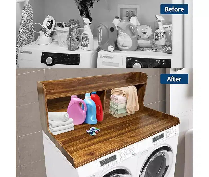 1 étagère haute en MDF pour machine à laver, 3 niveaux avec rails de bord pour plan de travail de lave-linge séche-linge, pour plier les vêtements, rehausseur de lave-linge et séche-linge avec patin antidérapant
