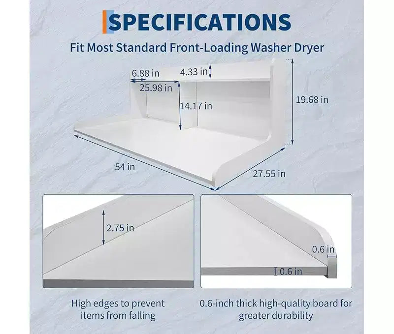 1 étagère haute en MDF pour machine à laver, 3 niveaux avec rails de bord pour plan de travail de lave-linge séche-linge, pour plier les vêtements, rehausseur de lave-linge et séche-linge avec patin antidérapant