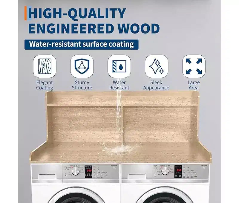 1 étagère haute en MDF pour machine à laver, 3 niveaux avec rails de bord pour plan de travail de lave-linge séche-linge, pour plier les vêtements, rehausseur de lave-linge et séche-linge avec patin antidérapant
