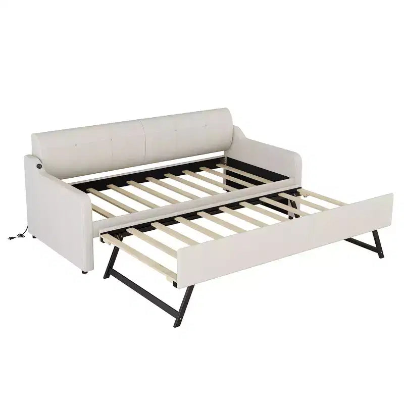 Lit de repos double Bellemave avec matelas gigogne et port de chargement USB, cadre de lit de repos capitonné pour salon, le matelas gigogne peut être plat ou relevé, beige