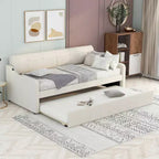 Lit de repos double Bellemave avec matelas gigogne et port de chargement USB, cadre de lit de repos capitonné pour salon, le matelas gigogne peut être plat ou relevé, beige