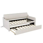 Lit de repos double Bellemave avec matelas gigogne et port de chargement USB, cadre de lit de repos capitonné pour salon, le matelas gigogne peut être plat ou relevé, beige