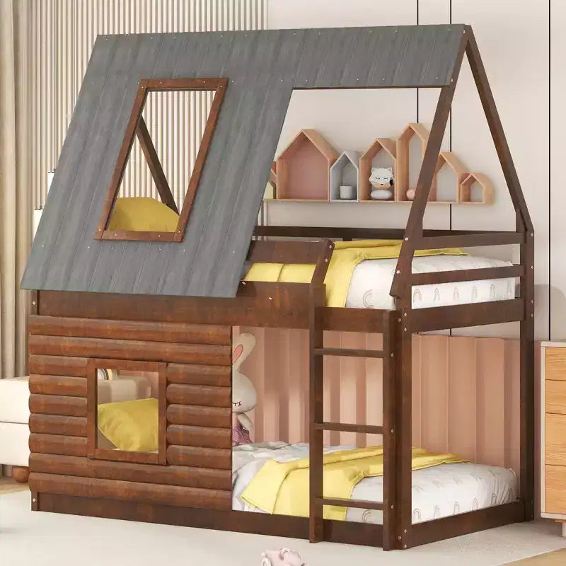 Lit superposé Bellemave Twin House avec toit et échelle, cadre de lit superposé en bois massif avec 2 fenêtres pour enfants, chêne et gris fumé