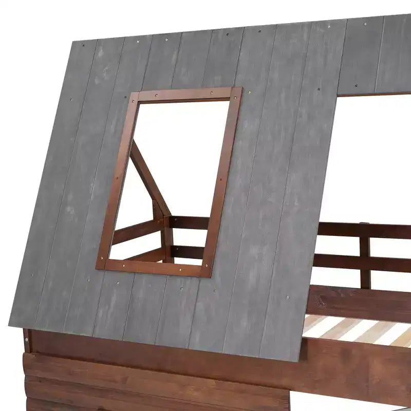 Lit superposé Bellemave Twin House avec toit et échelle, cadre de lit superposé en bois massif avec 2 fenêtres pour enfants, chêne et gris fumé