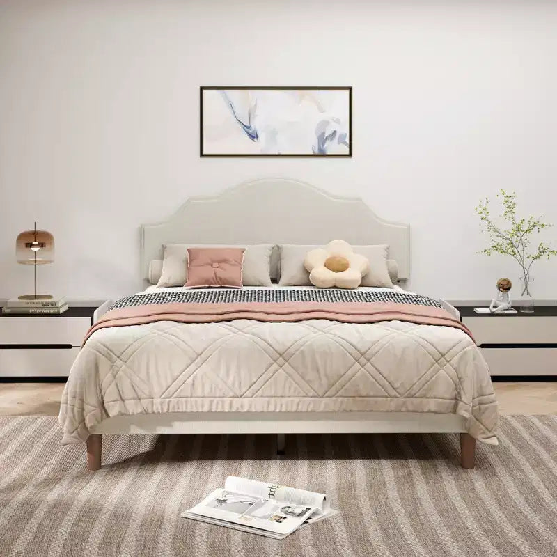 Bellemave Queen Upholstered Platform Bed with Adjustable Headboard and Linen Fabric Padded,Upholstered Platform Bed Frame for Bedroom,Beige