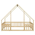 Lit au sol en bois complet en forme de maison Zeus & Ruta avec clôture et barrières de sécurité