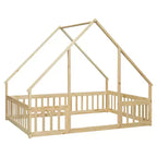 Lit au sol en bois complet en forme de maison Zeus & Ruta avec clôture et barrières de sécurité