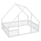 Lit au sol en bois complet en forme de maison Zeus & Ruta avec clôture et barrières de sécurité