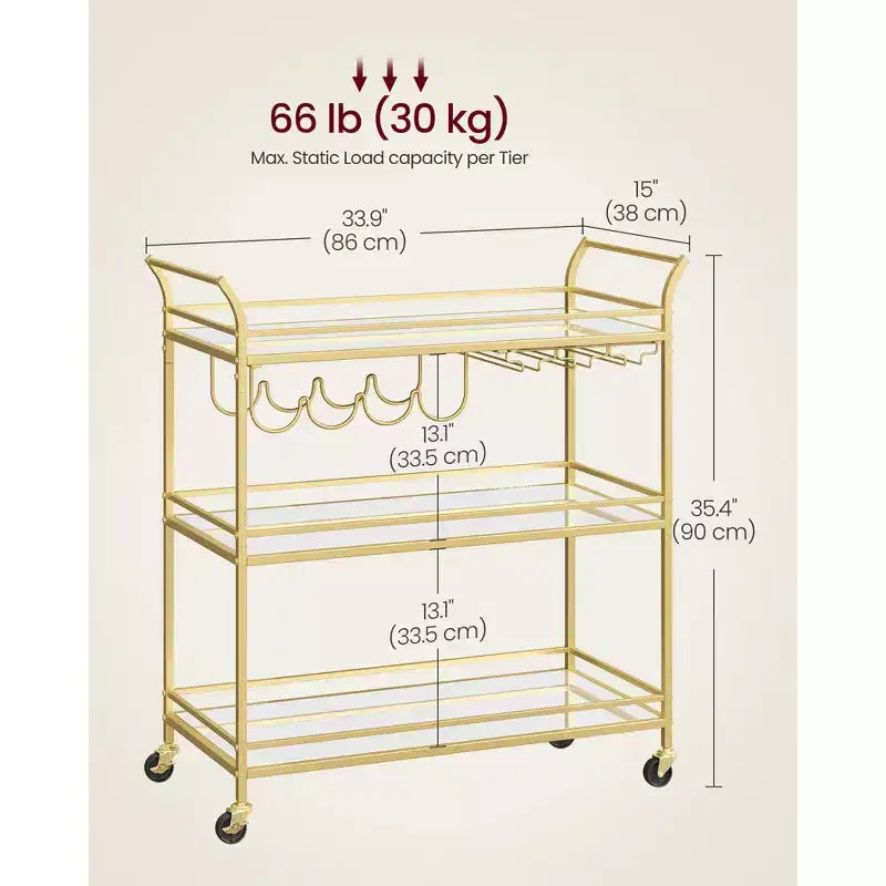 Chariot de bar à 3 niveaux doré avec étagères miroir, chariot de service avec 4 porte-bouteilles de vin et 3 porte-verres, roues verrouillables pour cuisine salon, doré