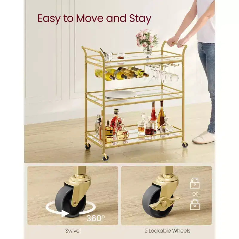Chariot de bar à 3 niveaux doré avec étagères miroir, chariot de service avec 4 porte-bouteilles de vin et 3 porte-verres, roues verrouillables pour cuisine salon, doré