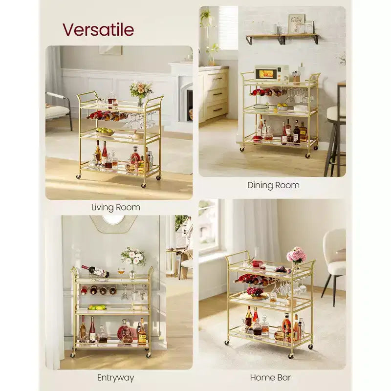 Chariot de bar à 3 niveaux doré avec étagères miroir, chariot de service avec 4 porte-bouteilles de vin et 3 porte-verres, roues verrouillables pour cuisine salon, doré