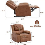 Fauteuil inclinable manuel avec fonctions Chauffage et Massage, inclinaison avant/arrière de 135°, poche latérale, options marron/gris/café/noir