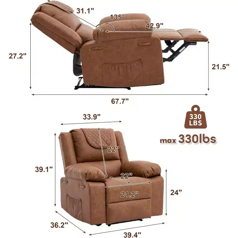 Fauteuil inclinable manuel avec fonctions Chauffage et Massage, inclinaison avant/arrière de 135°, poche latérale, options marron/gris/café/noir