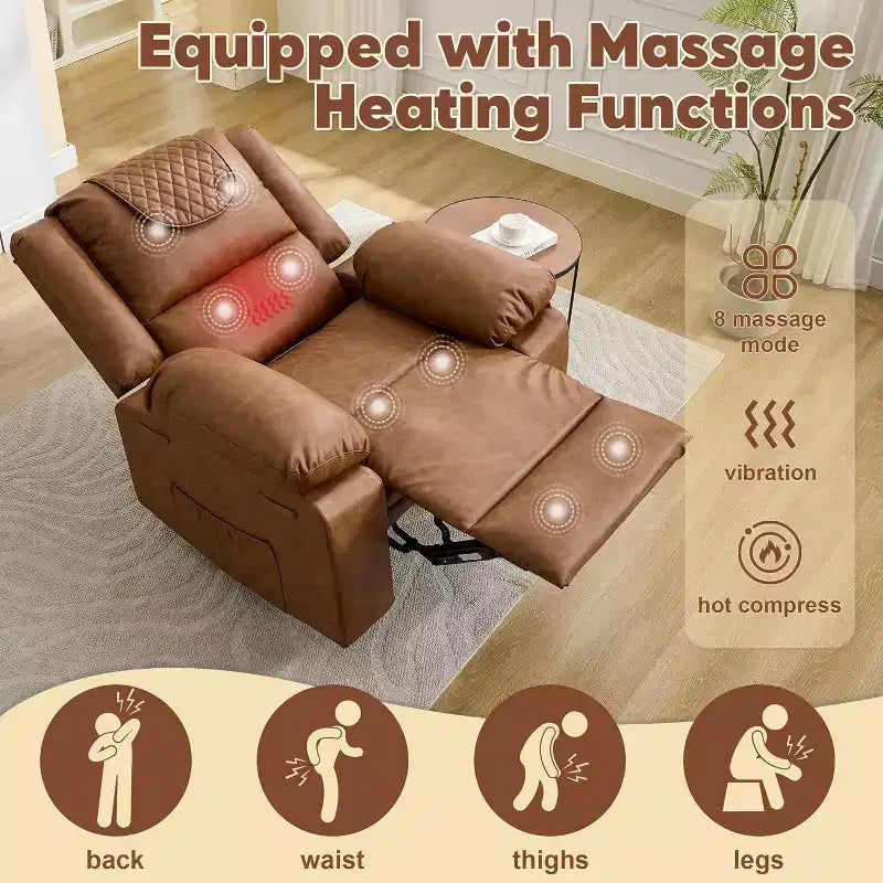 Fauteuil inclinable manuel avec fonctions Chauffage et Massage, inclinaison avant/arrière de 135°, poche latérale, options marron/gris/café/noir
