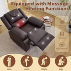 Fauteuil inclinable manuel avec fonctions Chauffage et Massage, inclinaison avant/arrière de 135°, poche latérale, options marron/gris/café/noir
