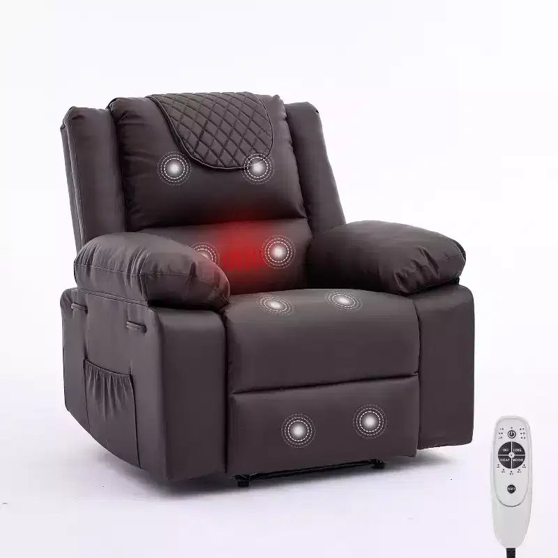 Fauteuil inclinable manuel avec fonctions Chauffage et Massage, inclinaison avant/arrière de 135°, poche latérale, options marron/gris/café/noir