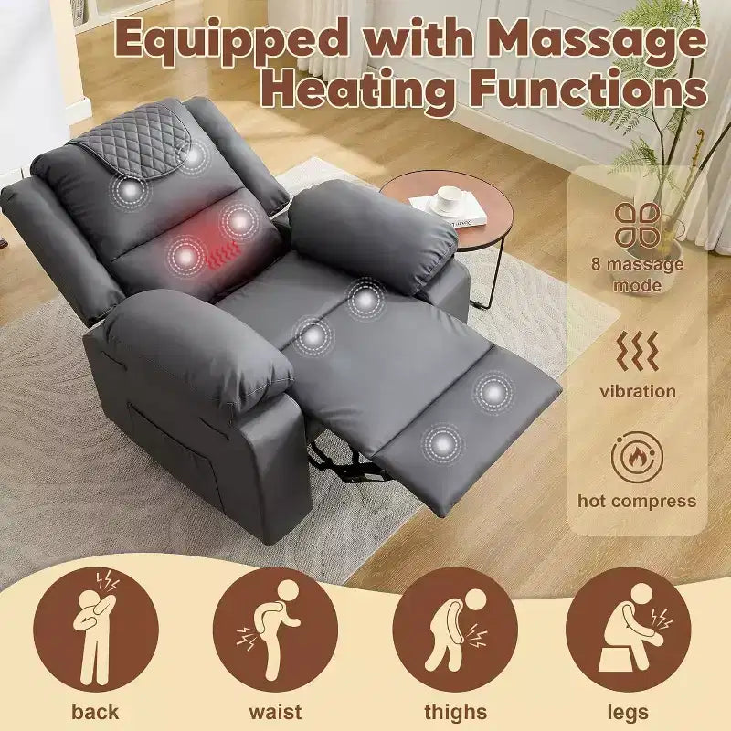 Fauteuil inclinable manuel avec fonctions Chauffage et Massage, inclinaison avant/arrière de 135°, poche latérale, options marron/gris/café/noir