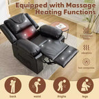 Fauteuil inclinable manuel avec fonctions Chauffage et Massage, inclinaison avant/arrière de 135°, poche latérale, options marron/gris/café/noir