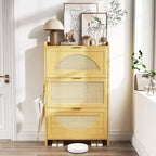 Rattan Shoe Storage Cabinet with 3 Flip Drawers, Free Standing Wooden Shoe Storage Organizer Cabinet