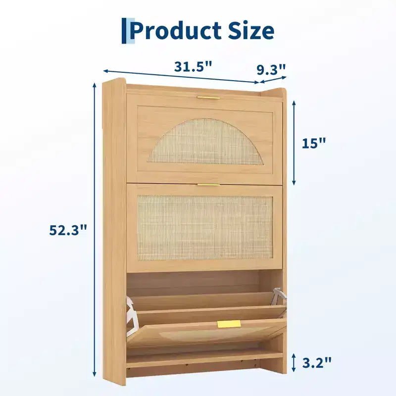 Meuble à Chaussures en Rotin avec 3 Tiroirs Basculants, Armoire de Rangement à Chaussures en Bois Autonome
