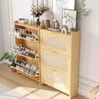 Meuble à Chaussures en Rotin avec 3 Tiroirs Basculants, Armoire de Rangement à Chaussures en Bois Autonome