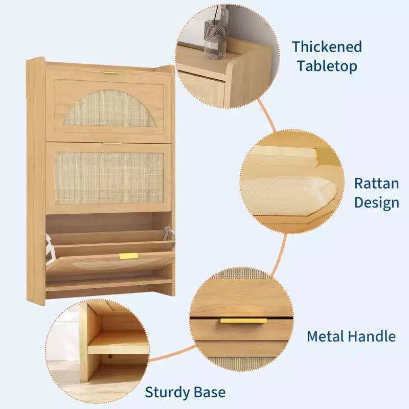 Meuble à Chaussures en Rotin avec 3 Tiroirs Basculants, Armoire de Rangement à Chaussures en Bois Autonome