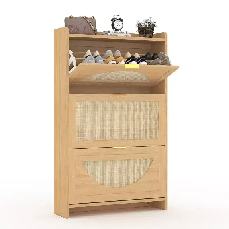 Meuble à Chaussures en Rotin avec 3 Tiroirs Basculants, Armoire de Rangement à Chaussures en Bois Autonome