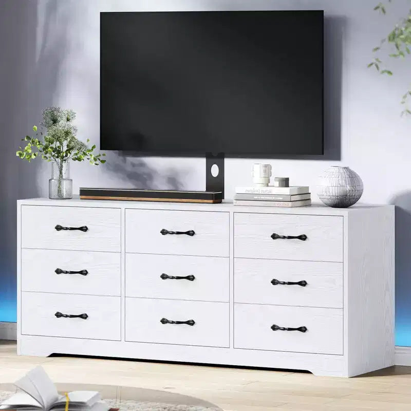 Meuble TV en bois avec support pour téléviseurs jusqu'à 85 pouces, centre de divertissement avec 9 tiroirs, console média à hauteur réglable