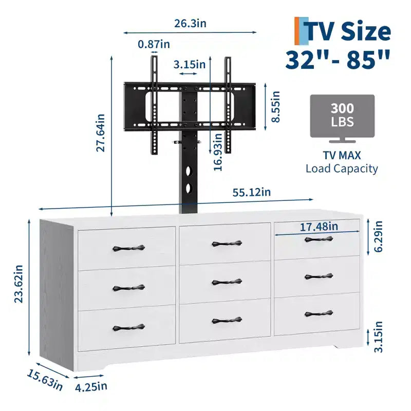 Meuble TV en bois avec support pour téléviseurs jusqu'à 85 pouces, centre de divertissement avec 9 tiroirs, console média à hauteur réglable