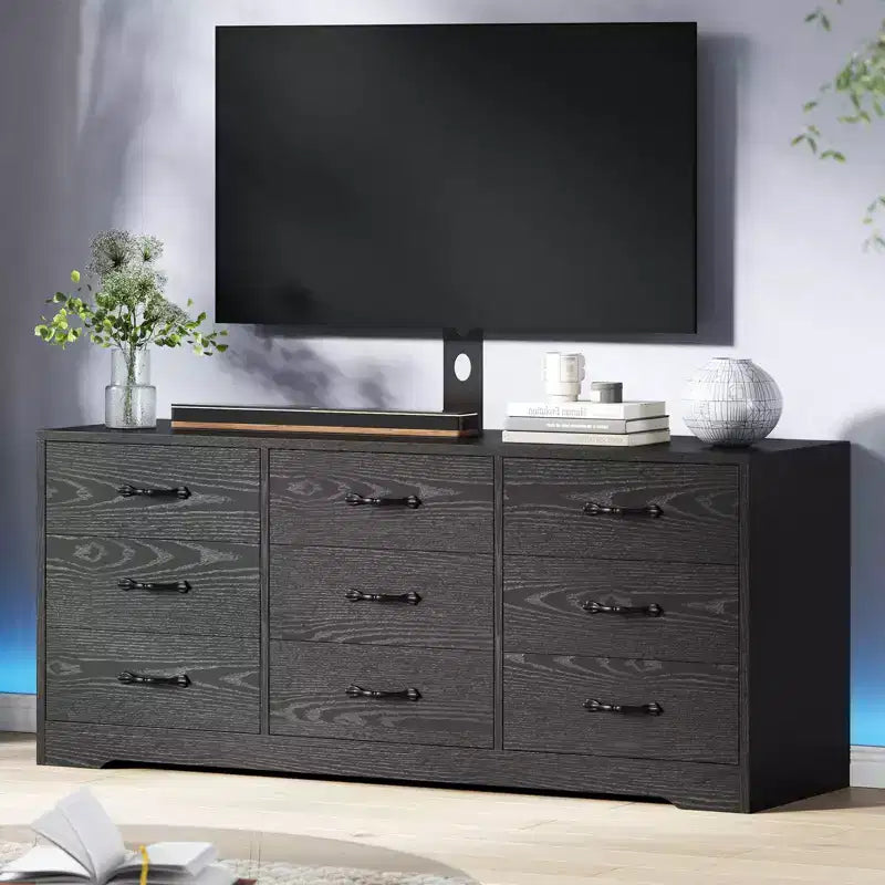 Meuble TV en bois avec support pour téléviseurs jusqu'à 85 pouces, centre de divertissement avec 9 tiroirs, console média à hauteur réglable