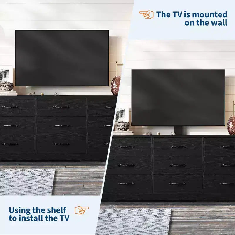 Meuble TV en bois avec support pour téléviseurs jusqu'à 85 pouces, centre de divertissement avec 9 tiroirs, console média à hauteur réglable