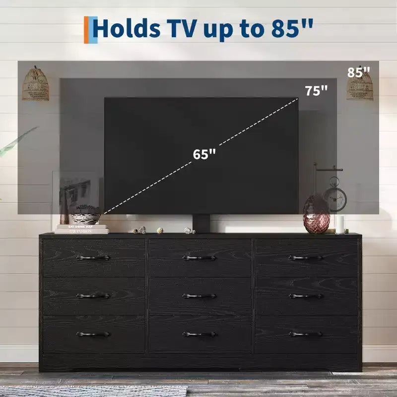 Meuble TV en bois avec support pour téléviseurs jusqu'à 85 pouces, centre de divertissement avec 9 tiroirs, console média à hauteur réglable