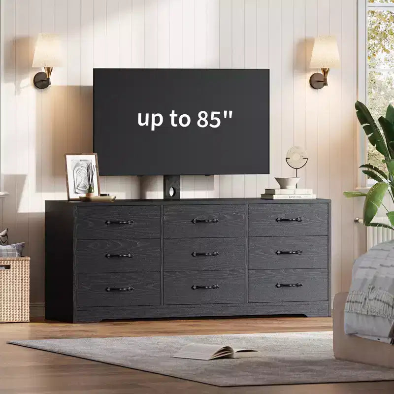 Meuble TV en bois avec support pour téléviseurs jusqu'à 85 pouces, centre de divertissement avec 9 tiroirs, console média à hauteur réglable