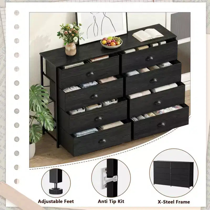 Commode de rangement en tissu large à 8 tiroirs pour téléviseur de 55 pouces, meuble de rangement pour chambre à coucher, salon, entrée avec dessus en bois