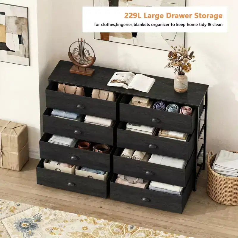 Commode de rangement en tissu large à 8 tiroirs pour téléviseur de 55 pouces, meuble de rangement pour chambre à coucher, salon, entrée avec dessus en bois