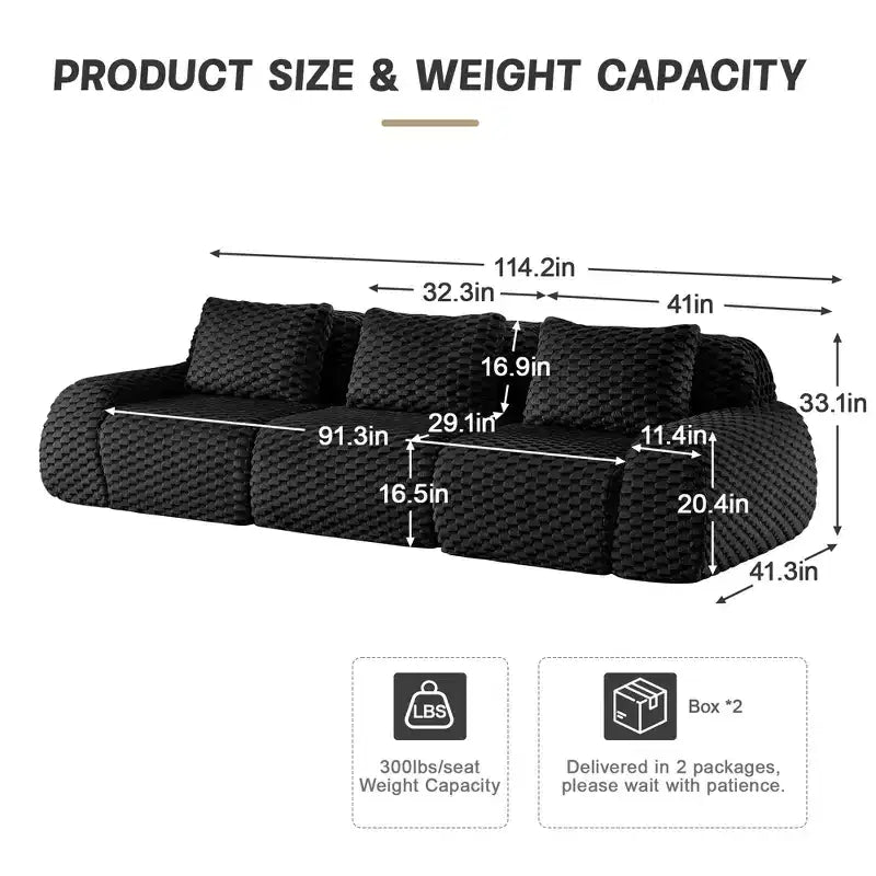 114 Canapé d'angle modulable en flanelle, 3 places, assise profonde, boucle, aucun assemblage requis, noir