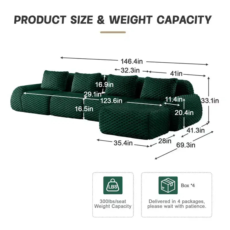 Canapé modulable en L 146 cm flanelle 4 places avec pouf boucle sans assemblage vert