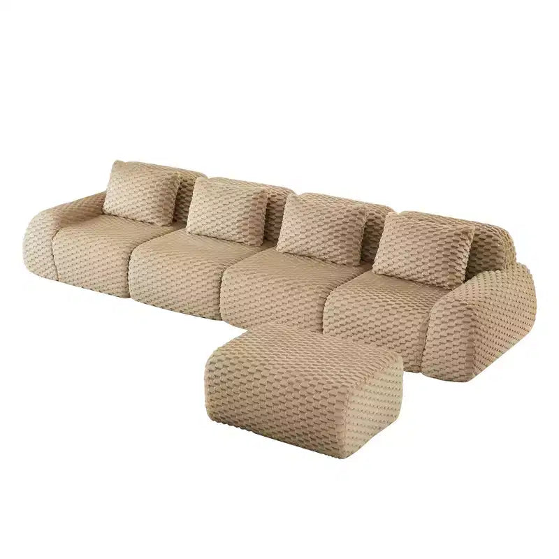 Canapé d'angle modulaire 146 en flanelle 4 places avec pouf et boucle, aucun assemblage requis, couleur Camel clair