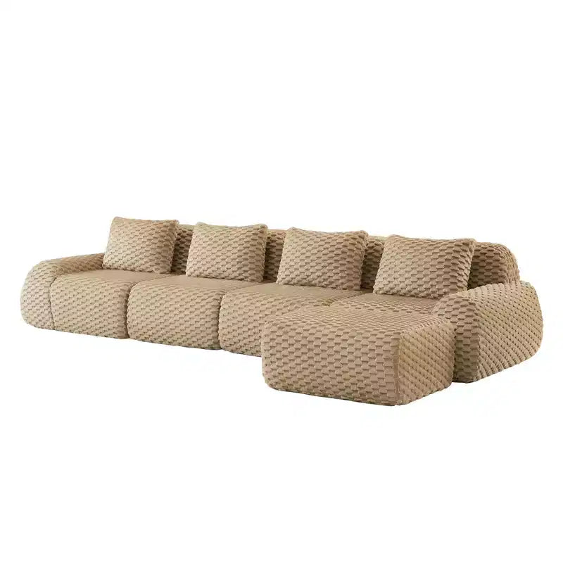 Canapé d'angle modulaire 146 en flanelle 4 places avec pouf et boucle, aucun assemblage requis, couleur Camel clair