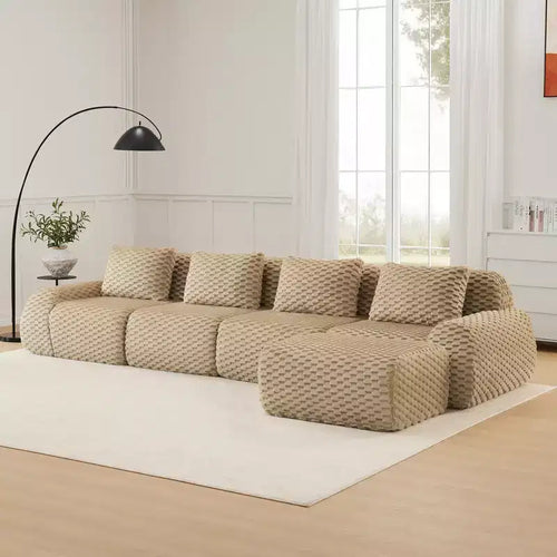 Canapé d'angle modulaire 146 en flanelle 4 places avec pouf et boucle, aucun assemblage requis, couleur Camel clair