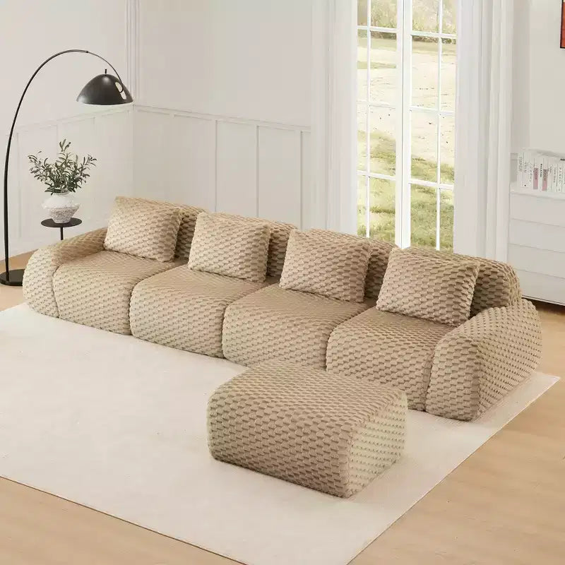 Canapé d'angle modulaire 146 en flanelle 4 places avec pouf et boucle, aucun assemblage requis, couleur Camel clair