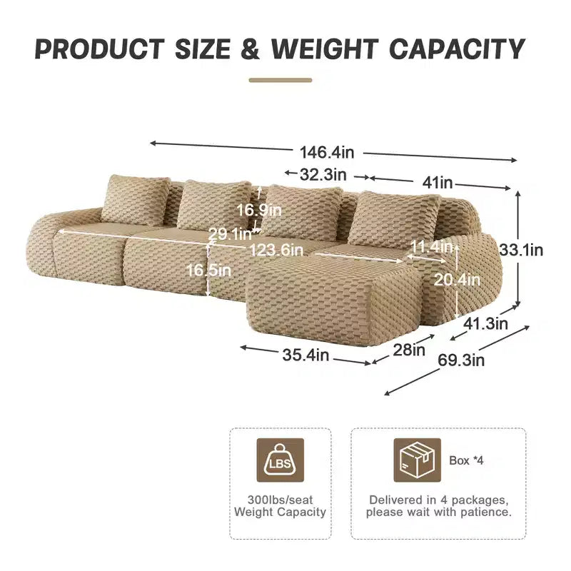 Canapé d'angle modulaire 146 en flanelle 4 places avec pouf et boucle, aucun assemblage requis, couleur Camel clair