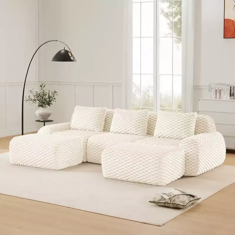 146 Canapé modulaire sectionnel en flanelle 4 places Assise profonde Boucle Pas d'assemblage Crème
