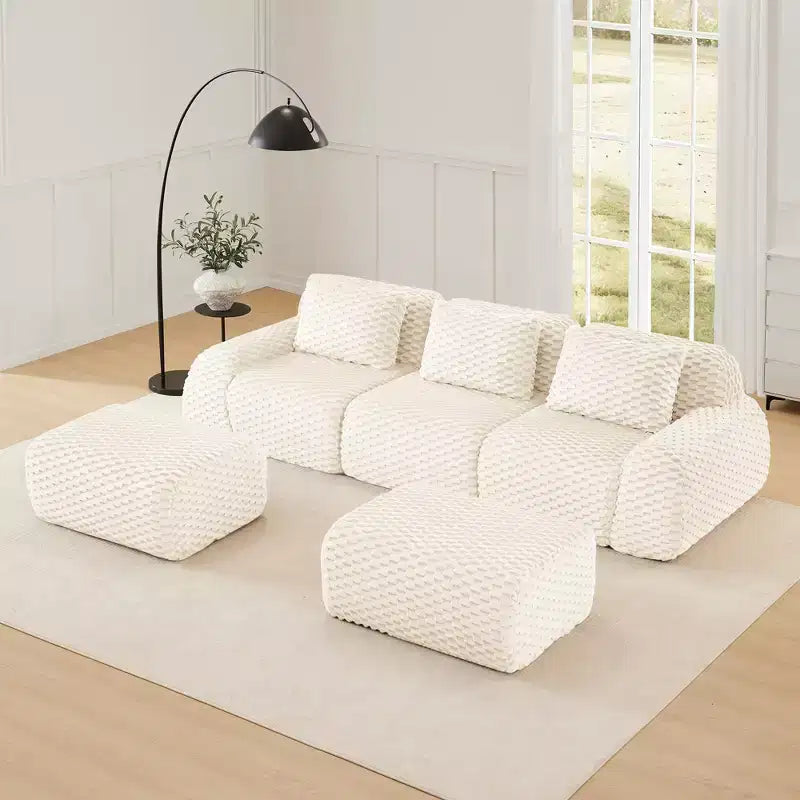 146 Canapé modulaire sectionnel en flanelle 4 places Assise profonde Boucle Pas d'assemblage Crème