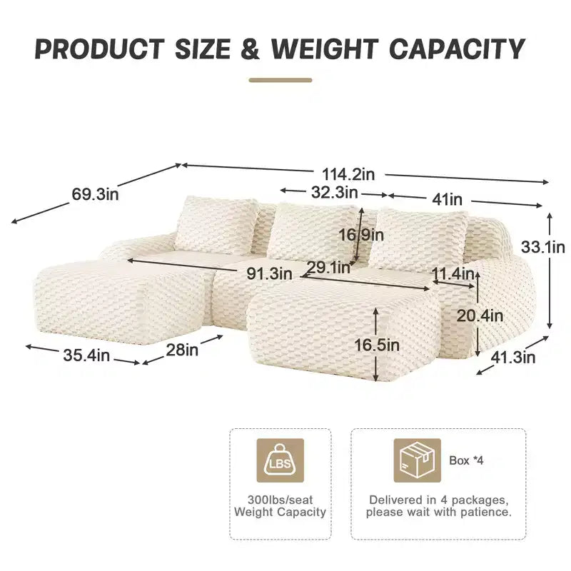 146 Canapé modulaire sectionnel en flanelle 4 places Assise profonde Boucle Pas d'assemblage Crème