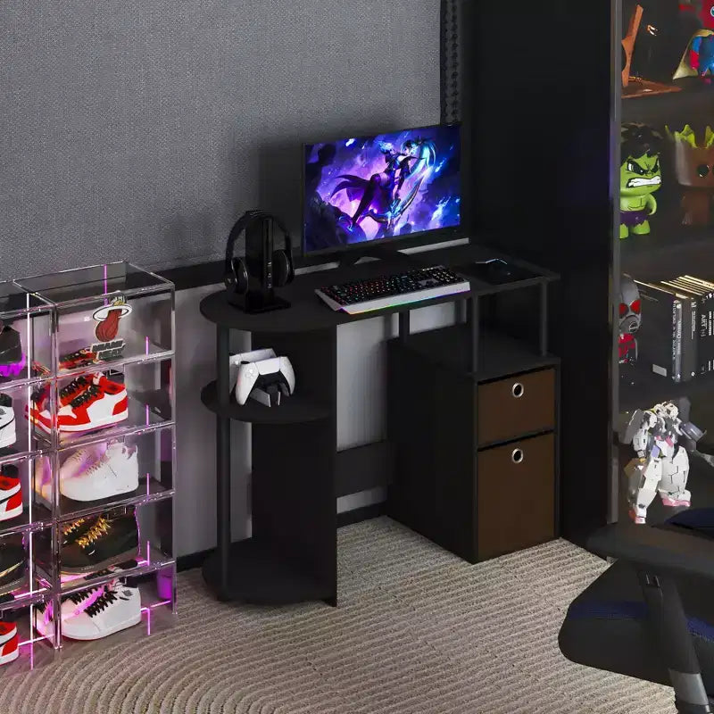 HOMLUX Bureau Informatique Simple avec Étagère Latérale et 2 Bacs de Rangement