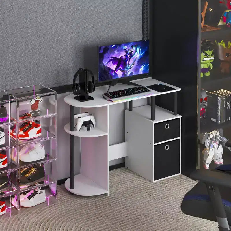 HOMLUX Bureau Informatique Simple avec Étagère Latérale et 2 Bacs de Rangement