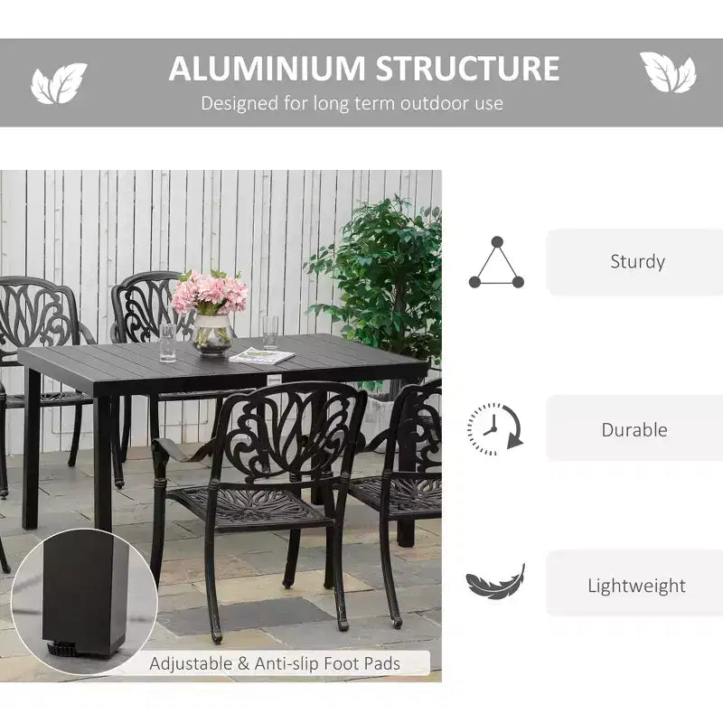 Table à manger d'extérieur pour 6 personnes, table de patio rectangulaire, pieds en métal aluminium pour jardin, pelouse, patio